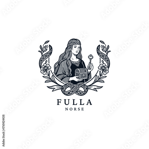 illustration of the Norse goddess Fulla, holding a sacred key and a small casket, framed by an elegant floral wreath