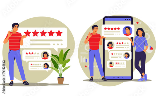 AI Feedback Form Illustration – Character Using Smartphone for Survey, Rating, and Customer Evaluation