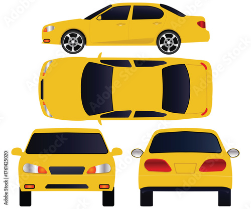 Yellow Car, Multiple Views Top, Side, Front, Back Vector Illustration template