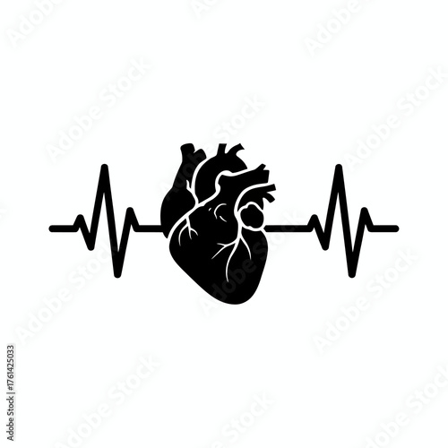 Solid black heart vector icon with heartbeat line, clean geometric healthcare design, white background