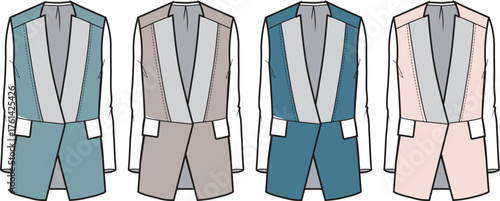 Women's tailored vest collection with peak lapels and flap pockets. Vector fashion illustration technical drawing set in multiple colorways