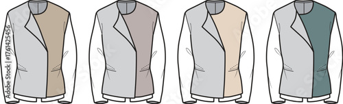 Fashion design template for a stylish collared jacket with asymmetric closure and contrasting panels, presented in four color variations for apparel prototyping