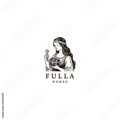 illustration of the Norse goddess Fulla, holding a sacred key and a small casket, framed by an elegant floral wreath