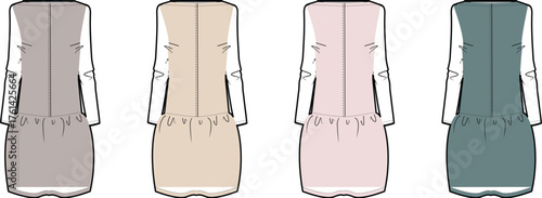 Collection of four women's sleeveless dress designs, presented from the back view in a palette of contemporary colors, ideal for fashion design and apparel concepts and style guides