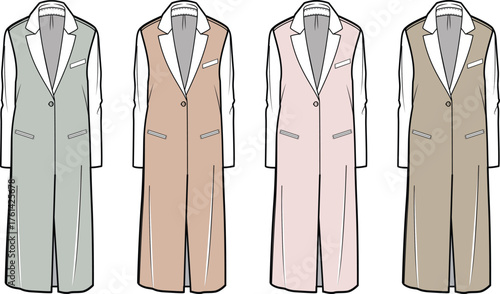 Fashion illustration of a long sleeveless coat or vest. Classic collar, button details, four neutral color variations. Ideal for apparel design and technical drawings