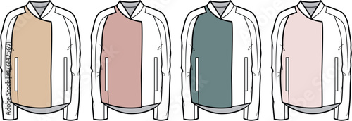 Fashion design sketch of a jacket with asymmetrical closure and varying panel colors