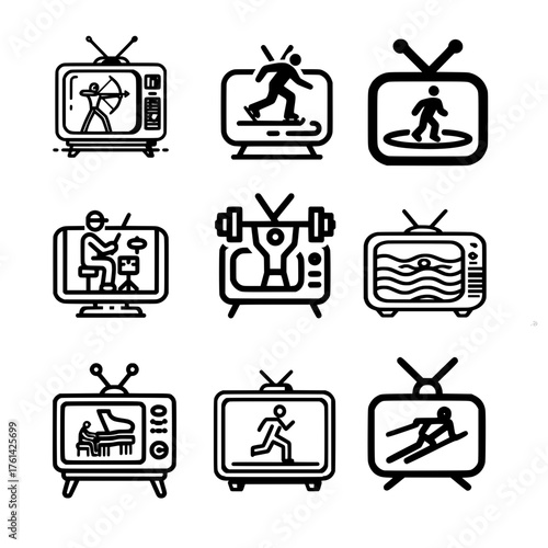 Activity icon set inside classic television featuring archery skiing swimming weightlifting piano and running