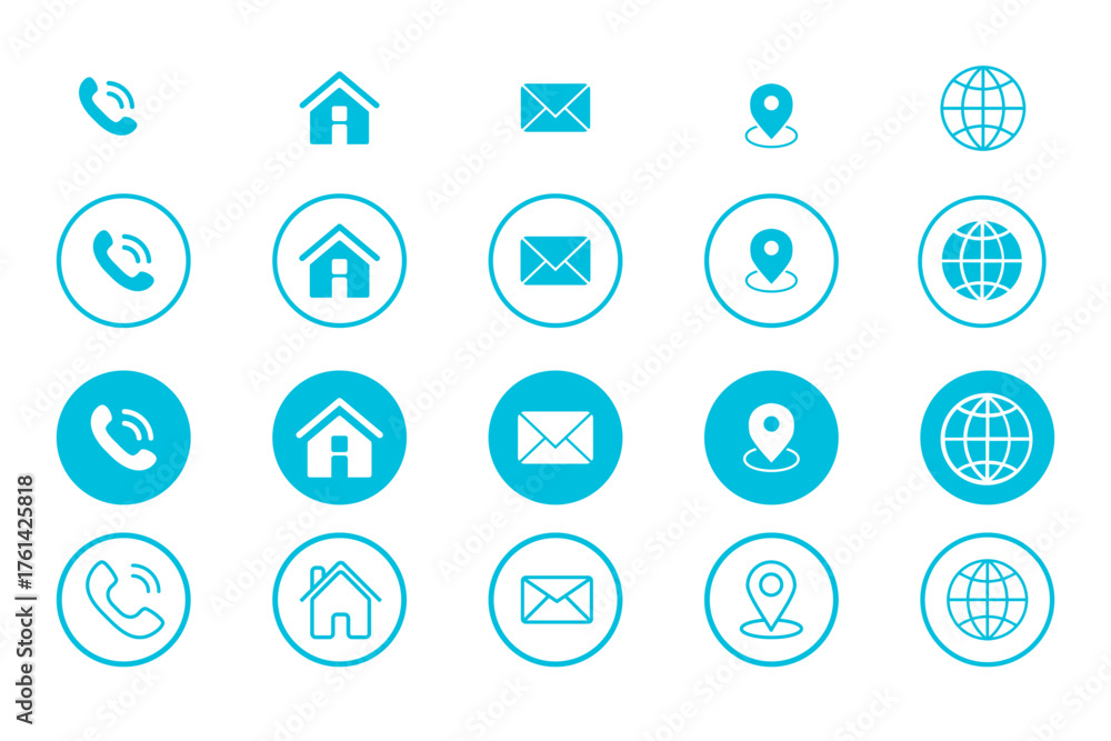 Fototapeta premium Popular contact information icons set. Icon of contact us, website, call, address, mail. Contact information icons for business card. Vector symbols set of contact us in blue with different styles