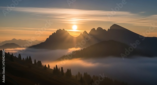Wallpaper Mural Majestic Mountain Sunrise - A Breathtaking Landscape of Peaks and Mist. Torontodigital.ca