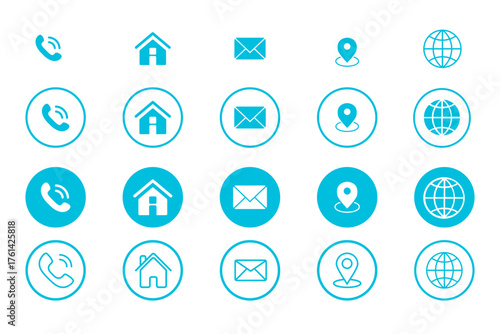 Popular contact information icons set. Icon of contact us, website, call, address, mail. Contact information icons for business card. Vector symbols set of contact us in blue with different styles