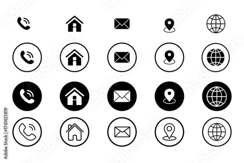 Popular contact information icons set. Icon of contact us, website, call, address, mail. Contact information icons for business card. Vector symbols set of contact us in black with different styles