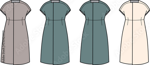 Illustration of a stylish knee-length dress design with short sleeves and a cinched waist for fashion