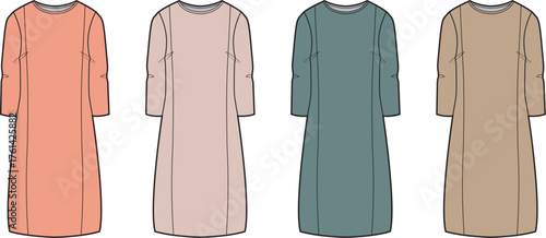 Fashion design template of a long sleeve maxi dress shown in a palette of four colors. Vector flat sketch illustration for apparel mockups and clothing manufacturing