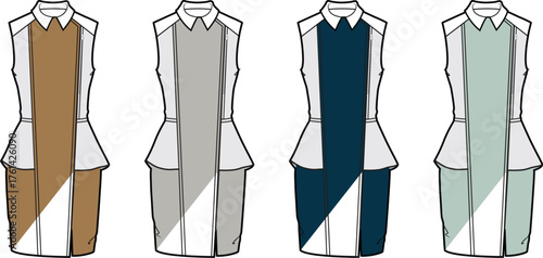 Modern flat vector fashion illustrations showcasing a versatile collection of women's dress designs, featuring distinct contrasting front panels, classic shirt collars, and elegant layered waistlines