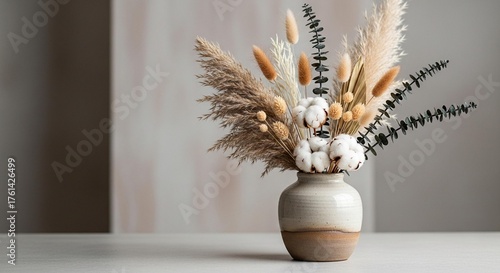 Stunning dried floral arrangement with pampas grass, cotton, and eucalyptus in a rustic vase creates a warm, inviting modern home decor accent.