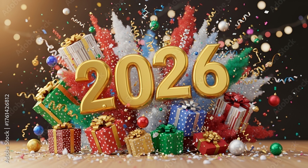 Naklejka premium Golden year 2026 numerals explode in a colorful confetti shower surrounded by wrapped gift boxes and festive ornaments celebrating the new year celebration