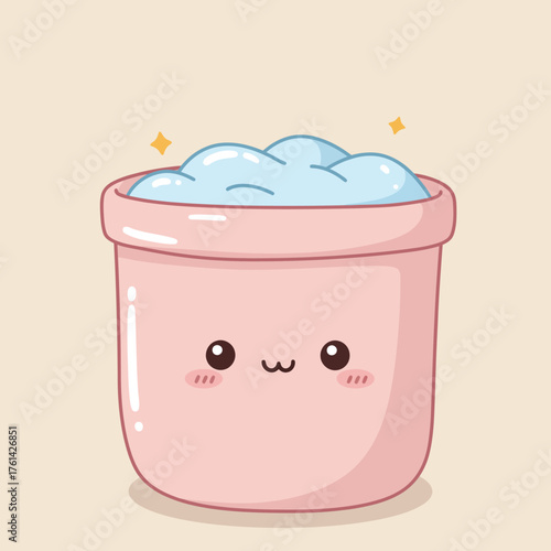 Cute pink bucket filled with blue foam, kawaii style illustration.