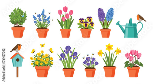 Vector illustration of spring garden with blooming potted flower and birdhouse
