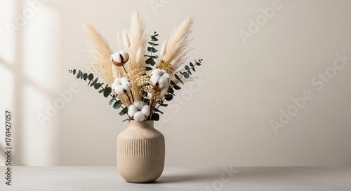 Stunning dried floral arrangement with cotton and eucalyptus in a textured vase brings natural elegance to any modern home decor setting