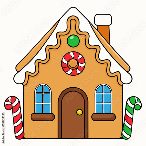 Gingerbread house decorated with candy and colorful icing design  