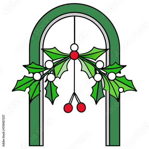 Christmas wreath with holly leaves and red berries on green arch  