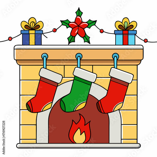 Christmas fireplace adorned with stockings and presents on mantel  