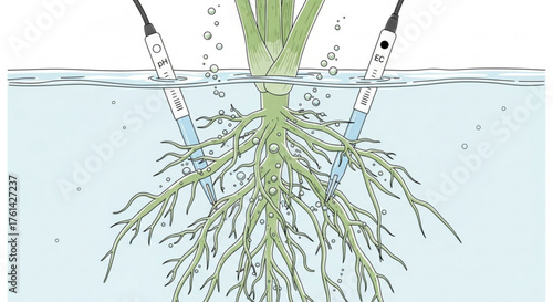 Illustration of a plant's root system submerged in water with two probes measuring the water's properties.