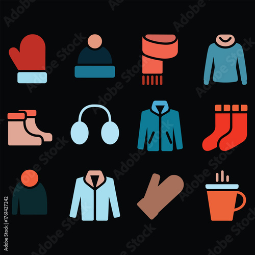 Winter Clothing Icon Set: Cozy Apparel and Accessories Collection Vector