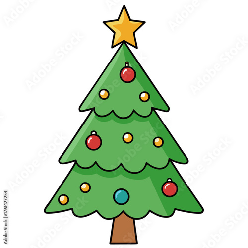 Cartoon Christmas tree decorated with colorful ornaments and star  