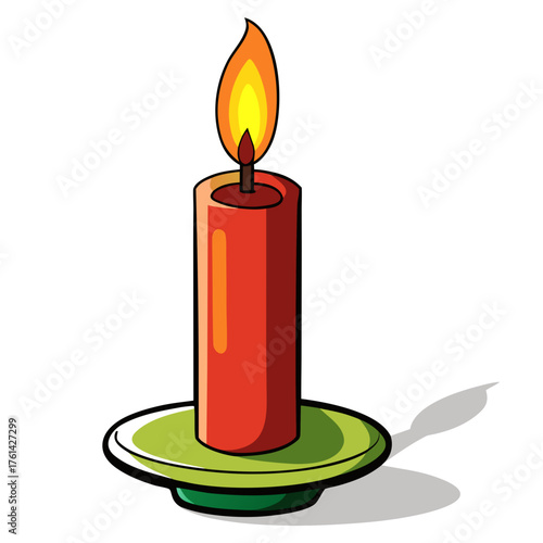Colorful candle with a flame on a green plate  