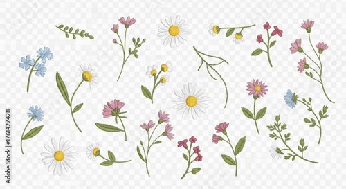 A collection of various delicate floral illustrations, showcasing different flower types and leaves.