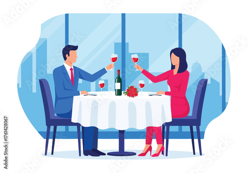 Vector illustration of couple celebrating with wine at a restaurant table