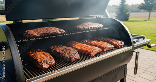 Smoked meat on racks in a pellet grill outdoors with smoke rising