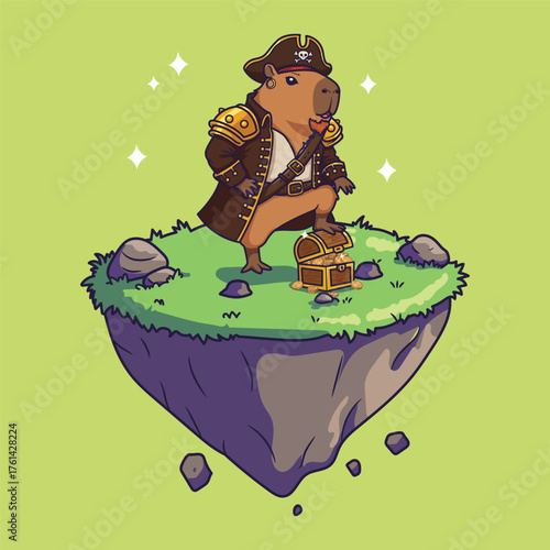 Cute Cartoon Capybara Pirate Standing on Floating Island with Treasure Chest . Vector Illustration of Whimsical Adventure Character
