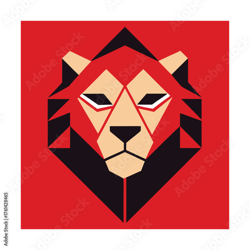 Abstract Geometric Lion Face with Red, Black, and Beige Color Palette polygonal