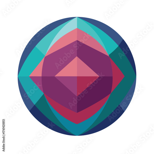 Geometric Abstract Circle with Teal Pink and Purple Facets on White Background pattern