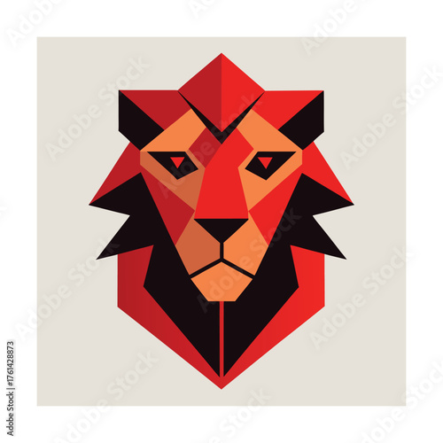 Geometric Lion Head Icon with Red Orange and Black Colors on Light Background animal