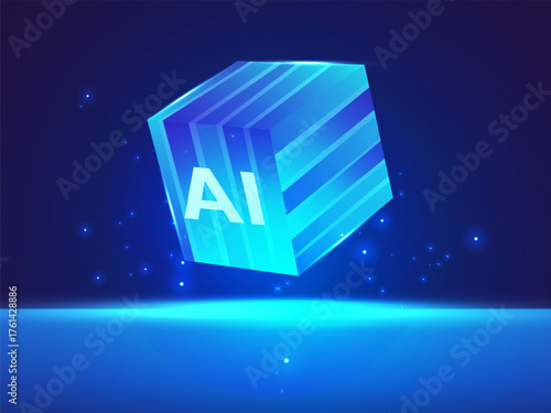 Artificial intelligence with Futuristic AI Cube floating at the center big data Algorithm movement blue light effect on dark blue background vector design concept. AI technology for advance technology