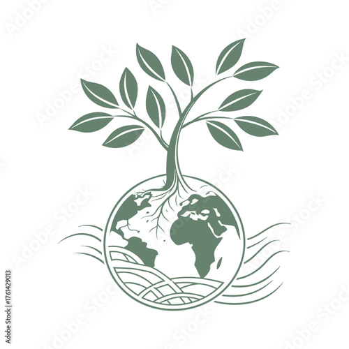 Green plant growing from earth with wavy lines on white background globe planet