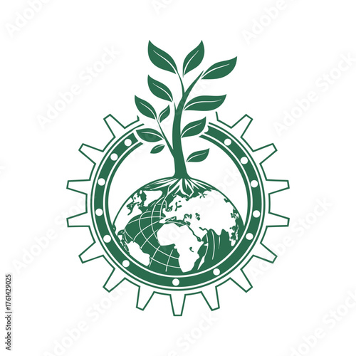 Green plant growing from earth inside a gear on white background globe planet