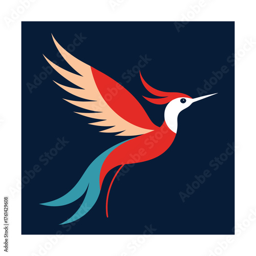 Stylized Bird with Red and Blue Wings on Dark Blue Background vector illustration