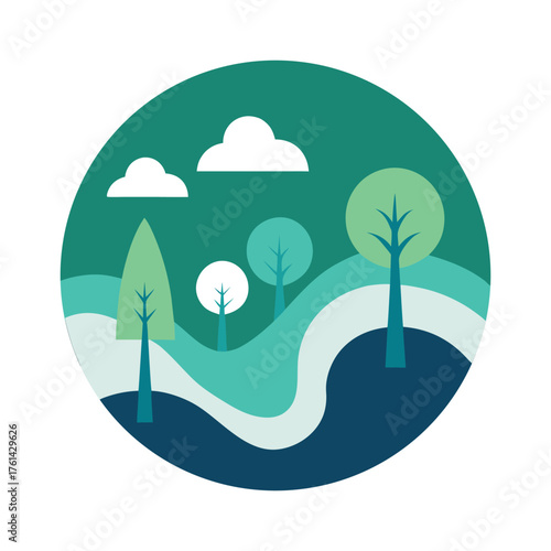 Stylized circular landscape with trees and rolling hills in teal and green circle