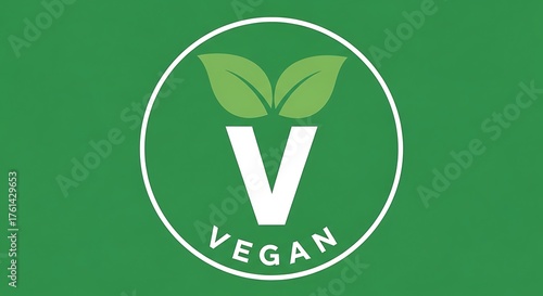 Vegan Symbol Green Circle with Leaves and Letter V for Vegetarian Food.