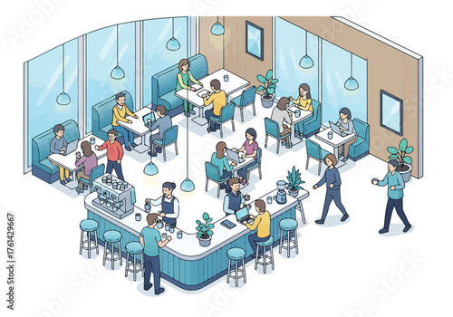 Vector illustration of isometric view of people enjoying a modern cafe interior with bar