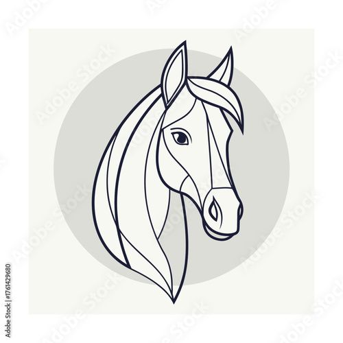 Stylized Horse Head Outline Icon with Geometric Shapes on Grey Circle Keywords: horse, head, animal, equine, equestrian, silhouette, outline, icon