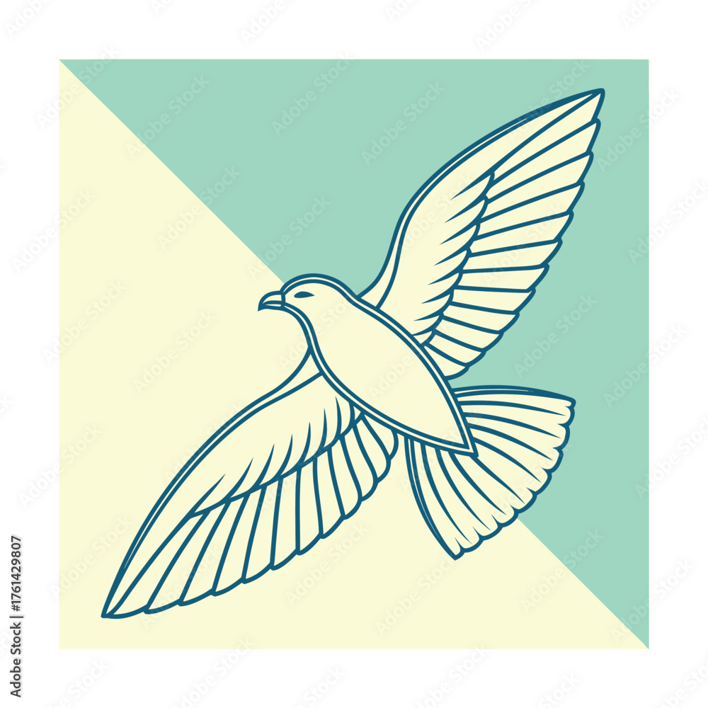 Obraz premium Stylized Line Art Bird Flying with Wings Spread on Diagonal Background open