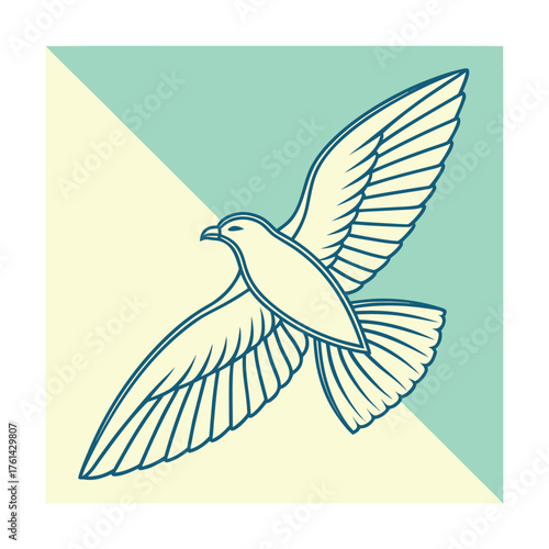 Stylized Line Art Bird Flying with Wings Spread on Diagonal Background open