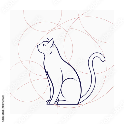 Stylized Line Art Cat Silhouette with Geometric Circles on White Background feline