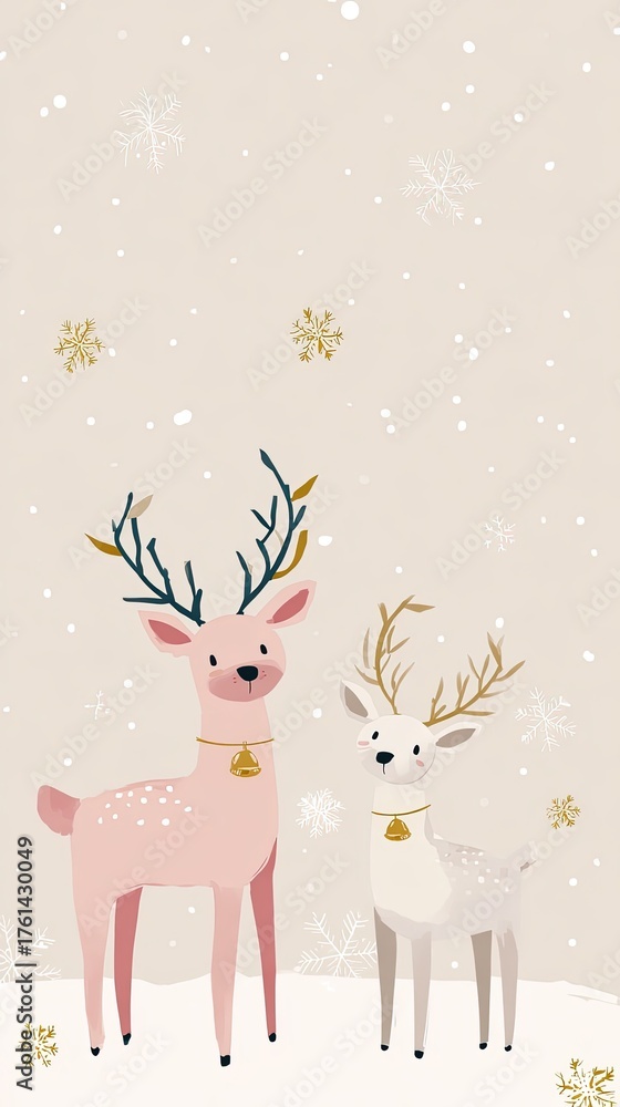 Naklejka premium Two Majestic Deers in the Snow Surrounded by Elegant Gold and Silver Decorations during Winter Season