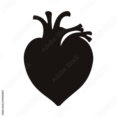Stylized Black Anatomical Heart Illustration on White Background, Simple Design